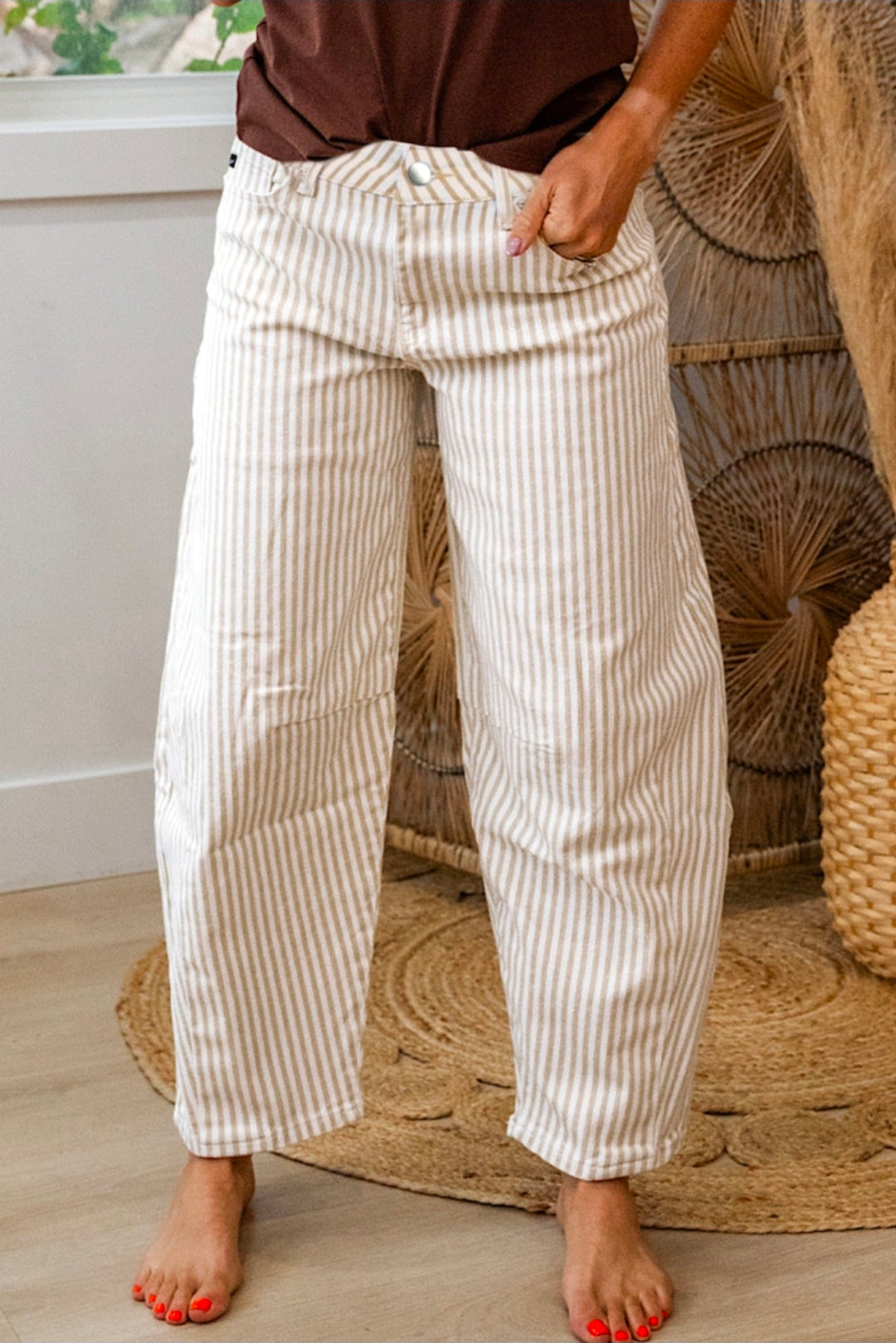 Khaki Striped Barrel Jeans